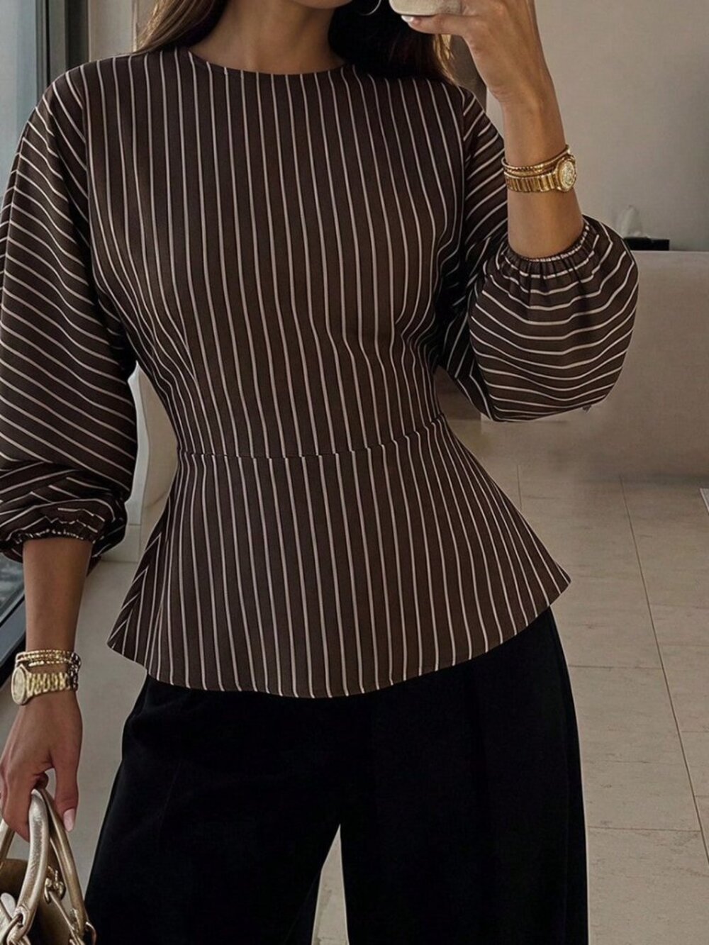 Brown Elegant Women's Round Neck Batwing Long Sleeve Shirt